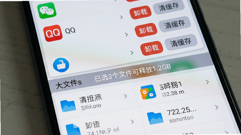 手机屏幕分为上下两区,上区显示应用列表(微信、QQ等),每个应用右侧有“卸载”和“清缓存”按钮;下区显示大文件列表,文件图标和大小清晰可见,布局分栏式,风格Material Design,细节包括“已选3个文件可释放1.2GB”提示条,画质高清