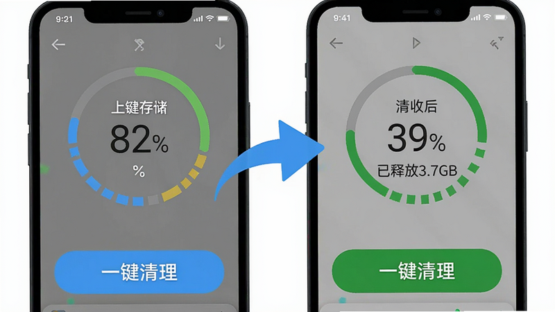 手机界面展示一键清理前后对比,左侧显示存储占用82%,右侧显示清理后39%,中间有动画箭头,底部有大按钮“一键清理”,布局左右对比式,风格清爽简约,细节包括“已释放3.7GB”文字,画质高对比度干净
