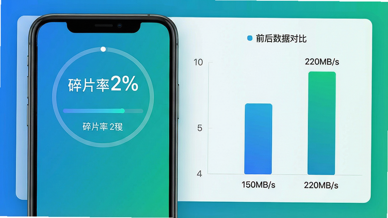 手机展示碎片整理进度条界面,背景有前后数据对比柱状图,显示整理前读写速度150MB/s,整理后220MB/s,布局信息型,风格科技感蓝绿渐变,细节包括“碎片率2%”数字,画质干净无多余UI