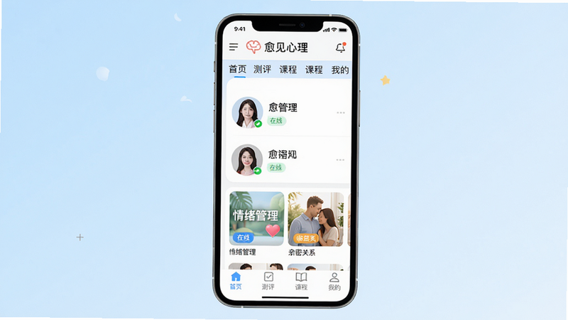 主体:一部智能手机屏幕显示“愈见心理”APP主界面,界面顶部有“愈见心理”Logo和导航栏,中间展示心理咨询师列表,每位咨询师头像旁标注姓名和“在线”状态,底部有“首页”、“测评”、“课程”、“我的”四个标签。布局:居中构图,手机屏幕占画面主体,背景为浅蓝色渐变。排版:界面元素排列整齐,文字清晰可读。风格:清新、温暖、专业,符合心理健康类应用的UI设计。细节:屏幕中显示近期热门课程卡片,如“情绪管理”、“亲密关系”。画质:4K分辨率,高清,干净无多余元素。