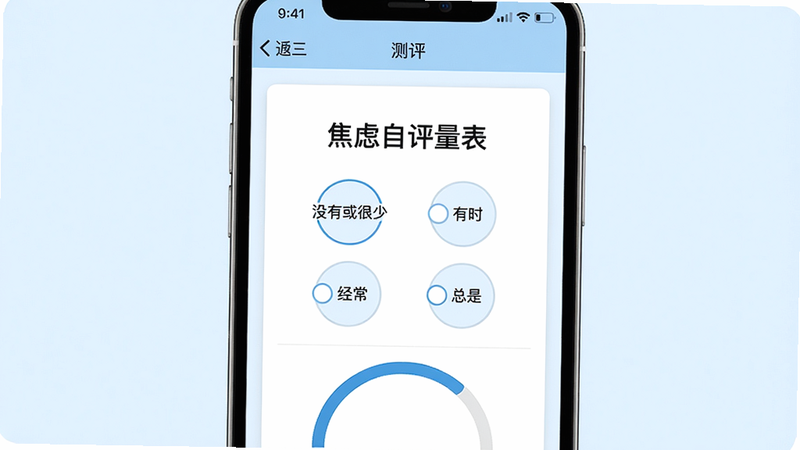 主体:愈见心理APP心理测评界面,屏幕中显示“焦虑自评量表”测试题目,题目下方有四个圆形选项(“没有或很少”、“有时”、“经常”、“总是”),底部有半圆形进度条显示完成进度。布局:手机屏幕竖直居中,背景为淡蓝色。排版:题目文字清晰,选项排列整齐。风格:简洁、清晰、医学感。细节:顶部显示“测评”标题和返回按钮。画质:高清,干净,无多余元素。