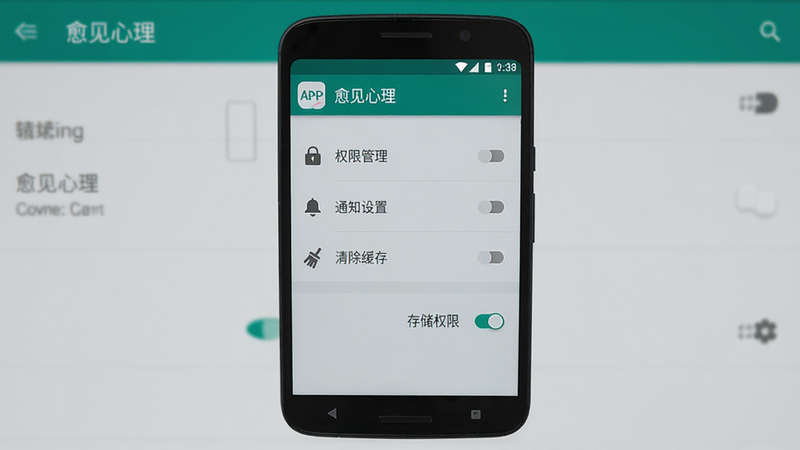 主体:安卓手机屏幕显示“愈见心理”APP设置页面,页面中有“权限管理”、“通知设置”、“清除缓存”等选项,其中“存储权限”开关处于开启状态。布局:手机居中,背景为系统设置界面风格。排版:列表式排列,每一项左侧为图标,右侧为开关。风格:简洁、清晰,类似原生安卓设置。细节:屏幕顶部有“愈见心理”应用名称。画质:高清,干净,无多余元素。
