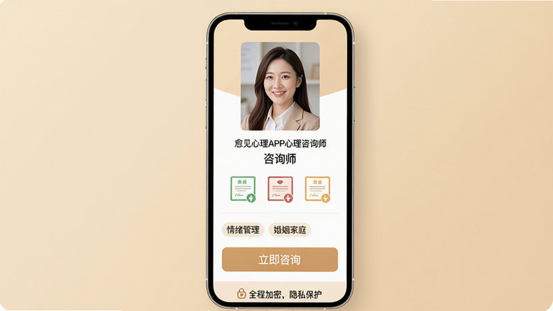 主体:愈见心理APP心理咨询师详情页面,屏幕中显示一位咨询师的照片、姓名、资质证书图标、擅长领域标签(如“情绪管理”、“婚姻家庭”),以及醒目的“立即咨询”按钮。布局:手机屏幕居中,背景为温暖的米黄色。排版:信息分层清晰,咨询师照片位于顶部,下方文字对齐。风格:专业、亲和,色调柔和。细节:页面底部的安全提示“全程加密,隐私保护”。画质:高清,干净,无多余元素。