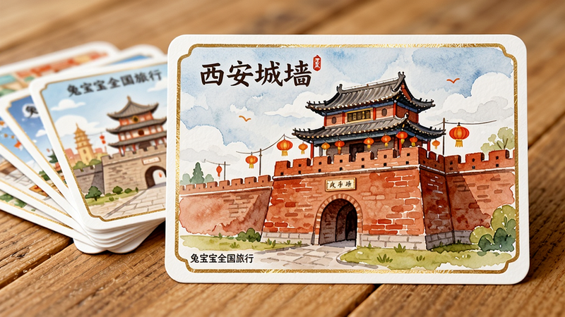 主体:一张虚拟的卡片正面展示,卡片上有“西安城墙”的插画,城墙砖红色,有城楼和灯笼。布局:卡片居中,背景是木纹桌面,左侧堆叠几张其他城市卡片。风格:手绘水彩风,细节:卡片边缘有金色边框,左下角有“兔宝宝全国旅行”小logo,画质高清,干净。