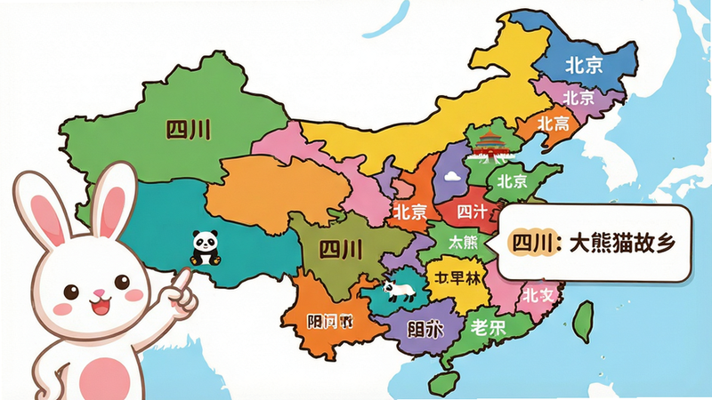 主体:一张放大的中国地图,地图上各个省份被涂成不同颜色,每个省份内有一个小图标(如四川有熊猫、北京有天坛)。布局:地图居中,左侧有一只兔宝宝的手指点向四川,右侧有一个弹出的介绍卡片,卡片上有文字“四川:大熊猫故乡”。风格:扁平卡通,细节:地图边界清晰,省份名称用圆体字标注,画质干净明亮,无多余元素。