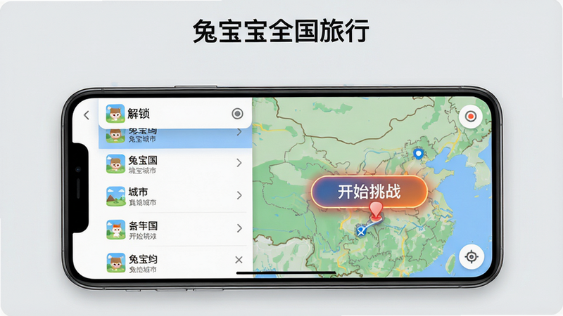 主体:手机竖屏界面截图,显示APP内地图页面,左侧有侧边栏显示已解锁城市列表,右侧地图上有一个闪烁的“开始挑战”按钮。布局:手机模型居中,背景为淡灰色,在手机屏幕上方有“兔宝宝全国旅行”标题。风格:UI真实截图风格,细节:按键清晰,画质高清,干净无多余元素。