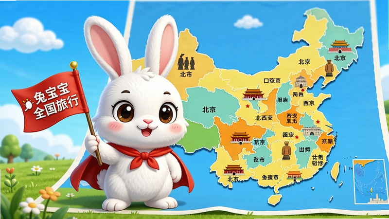 主体:一只白色兔宝宝穿着红色小斗篷,站在一幅中国地图前,地图上标有各省份名称和地标图标,如北京天安门、西安兵马俑等。布局:兔宝宝位于画面中央偏左,地图在右侧和下方延伸,排版简洁。风格:明亮卡通,色彩鲜艳,细节:兔宝宝眼睛大而有神,手中举着一面小旗子,旗上写“兔宝宝全国旅行”,背景有蓝天白云和草地,画质高清,干净无多余元素。
