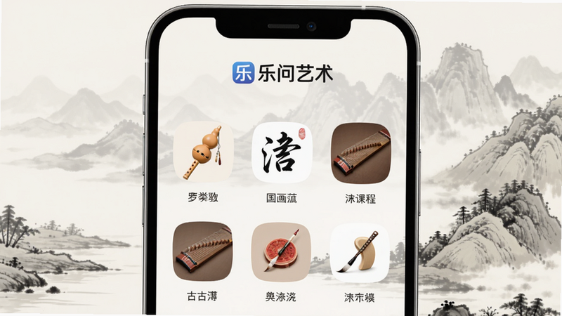 生图提示词:乐问艺术APP主界面,手机屏幕居中,顶部显示“乐问艺术”LOGO,下方课程分类图标排列整齐,有葫芦丝、国画、书法、古筝等,背景为水墨山水画风格,色调淡雅,整体干净简洁,高清画质,无多余元素