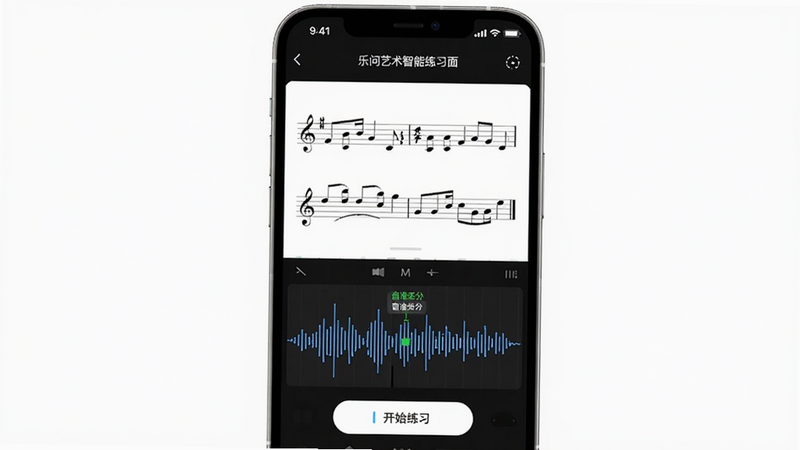 生图提示词:乐问艺术智能练习界面,手机屏幕上显示一段曲谱,下方有录音波形图,波形上标注音准评分,界面简洁,有“开始练习”按钮,背景纯白,高清画质