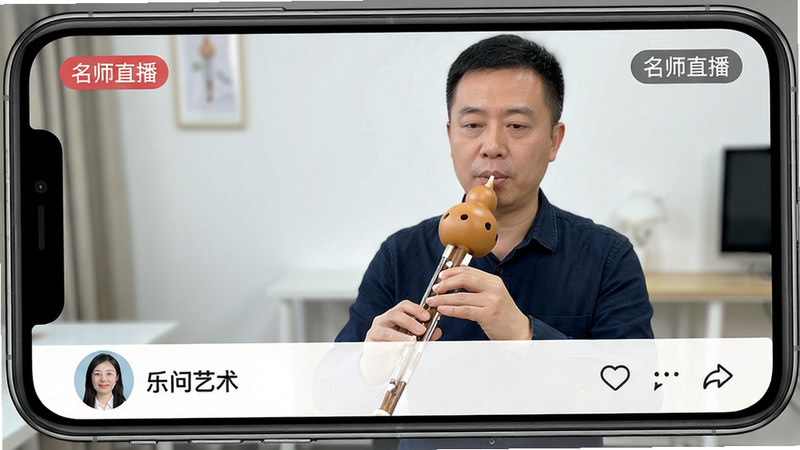 生图提示词:乐问艺术直播课堂界面,手机屏幕上显示一位老师正在讲解葫芦丝指法,屏幕下方有互动评论区,老师头像和姓名清晰,背景简洁,画质高清,干净无多余元素,文字标注“名师直播”
