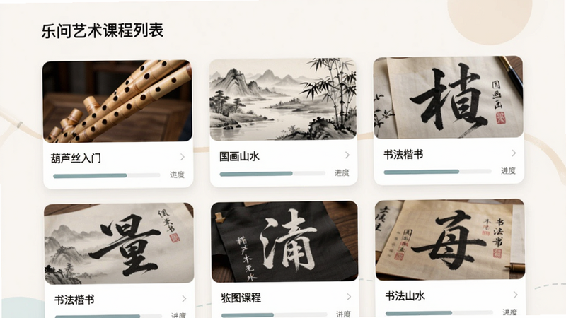 生图提示词:乐问艺术课程列表页面,展示多门艺术课程缩略图,排列整齐,有“葫芦丝入门”“国画山水”“书法楷书”等标题,每个卡片有进度条,界面整洁,配色柔和,高清画质