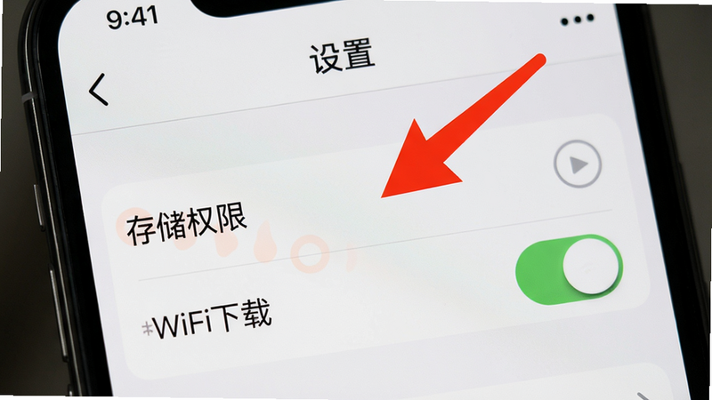 生图提示词:乐问艺术使用教程截图,手机屏幕上显示“设置”页面,突出显示“存储权限”和“WiFi下载”开关,界面简洁,有红色箭头标注,画质高清