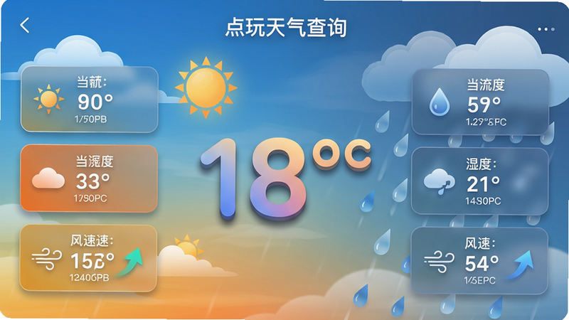 主体:点玩天气查询软件的实时天气页面,展示当前温度、湿度、风速等数据,背景有动态天气动画(如晴空、雨滴)。布局:中间大数字显示温度,左右两侧排列各项指标卡片。排版:数据以图标+文字方式整齐排列,重点数据通过颜色高亮。风格:科技感与自然结合,背景色随天气变化。细节:温度数字带有渐变阴影,风速用动态箭头指示方向。画质:高清、细腻、无多余元素。