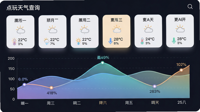 主体:点玩天气查询软件的7天预报页面,展示一周天气卡片和下方趋势折线图。布局:上方为日期卡片横向排列,每个卡片包含天气图标和温度范围;下方为折线图,横轴日期、纵轴温度。排版:卡片圆角阴影,折线图带有渐变填充区域。风格:商务简洁,配色柔和。细节:图表中标注最高点和最低点,卡片上显示降水概率百分比。画质:高清、整洁、无多余元素。