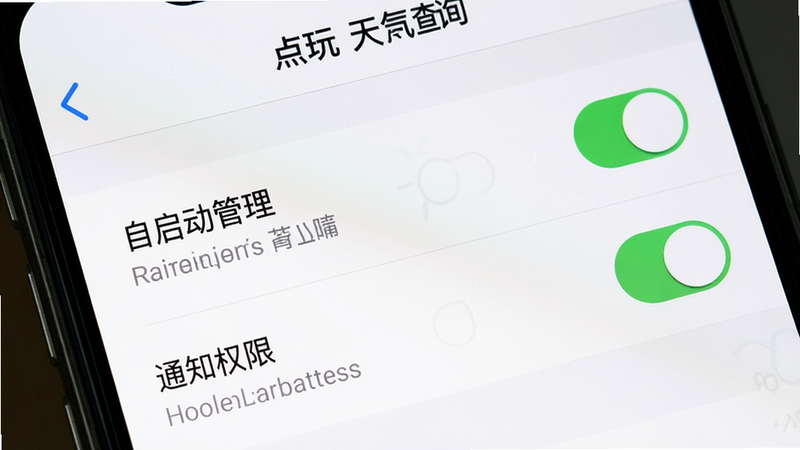 主体:手机屏幕上显示点玩天气查询软件的设置页面,突出显示“自启动管理”和“通知权限”开关。布局:页面顶部有返回键和标题,下方为列表式设置项。排版:开关按钮使用绿色和灰色区分状态。风格:系统原生风格。细节:开关旁边有简短说明文字。画质:高清、干净、无多余元素。