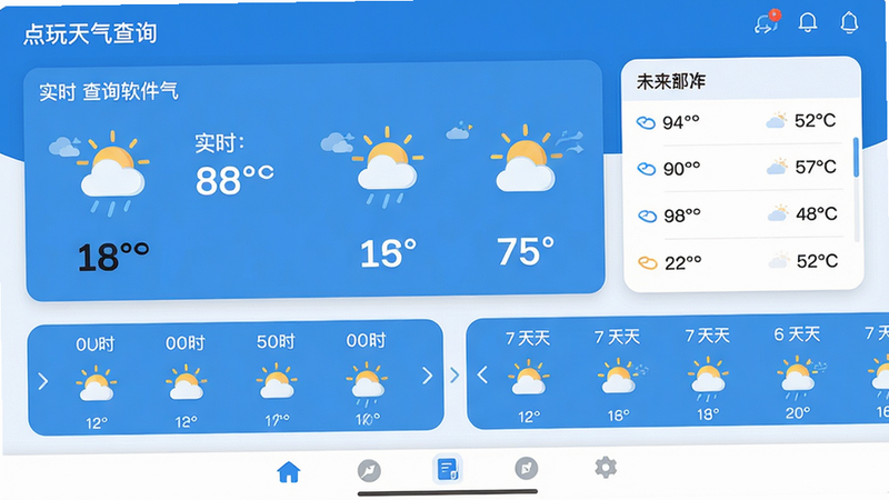 主体:点玩天气查询软件的主界面截图,显示实时天气信息、温度、天气图标和未来预报列表。布局:上方为当前天气卡片,下方为逐小时和7天预报滚动条。排版:简洁卡片式设计,信息层级清晰。风格:扁平化、清新自然、蓝白色调。细节:天气图标带有动画效果,温度数字加粗显示,底部有功能导航栏。画质:高清、干净、无多余元素。