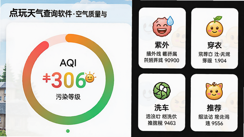 主体:点玩天气查询软件的空气质量与生活指数页面,左侧显示AQI数值和污染等级圆环,右侧排列紫外线、穿衣、洗车等卡片。布局:两栏式布局,左大右小。排版:圆环进度条带颜色渐变,卡片内图标+文字+推荐描述。风格:活泼、卡通化的表情符号搭配严肃数据。细节:空气质量数字用红、橙、黄、绿等颜色区分等级。画质:干净、无多余元素。