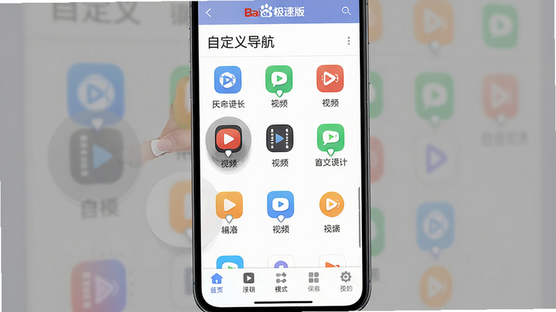 主体:百度极速版设置界面,显示底部导航栏编辑模式,用户正在拖拽“视频”模块到首位,布局:手机全屏截图,排版:顶部标题“自定义导航”,中间为可拖动图标列表,底部固定栏,风格:UI设计稿风格,细节:拖拽时图标产生阴影动画,画质:高保真、干净、无多余元素