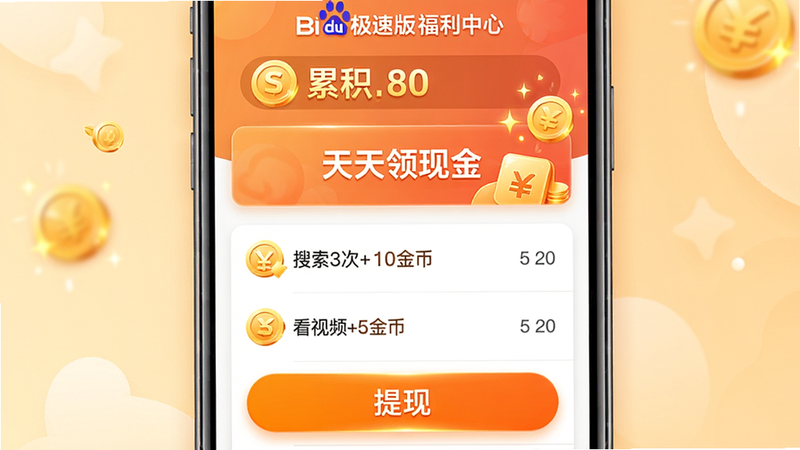 主体:百度极速版福利中心页面,顶部显示累积金币数,中间有“天天领现金”入口,下方为任务列表(搜索3次+10金币、看视频+5金币),布局:纵向列表式排版,风格:活泼暖色调,细节:金币图标闪烁,提现按钮高亮橙色,画质:高清、干净、无多余元素