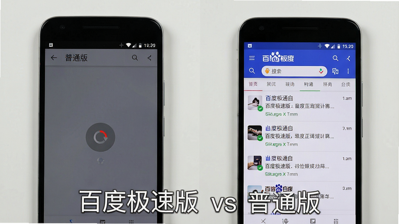 主体:两部安卓手机并排对比,左边普通版加载慢显示转圈,右边百度极速版已显示搜索结果列表,布局:左右对比构图,排版:底部有文字标识“百度极速版 vs 普通版”,风格:真实场景摄影风,细节:右侧屏幕清晰显示搜索条目,左侧灰色加载动画,画质:高分辨率、干净背景、无多余元素