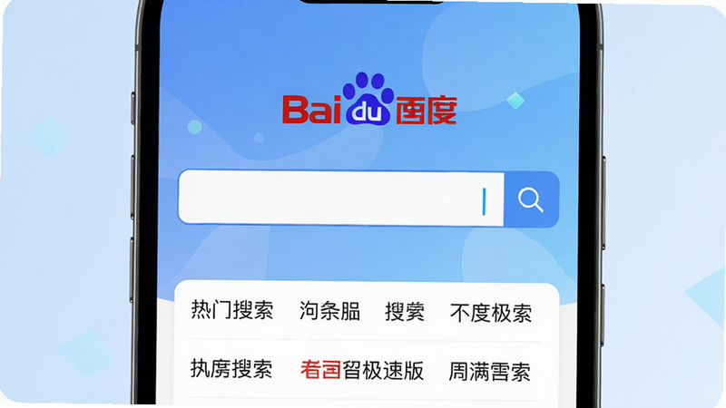 主体:手机屏幕显示百度极速版搜索界面,布局:居中构图,一个整洁的搜索框占据视觉中心,背景为浅蓝色渐变,排版:上方有百度极速版logo和“百度”文字,下方为热门搜索词列表,风格:扁平化、清新、现代简约,细节:搜索框内光标闪烁,画质:高清、干净、无多余元素