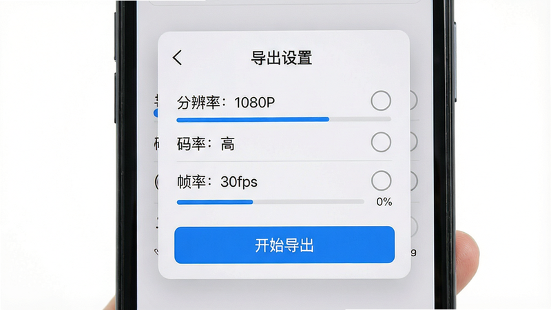 主体为手机显示导出进度对话框,顶部标题“导出设置”,中部选项有“分辨率:1080P”、“码率:高”、“帧率:30fps”,底部有“开始导出”按钮。布局居中,风格简洁,细节包括进度条,画质清晰,背景纯白,整体干净。