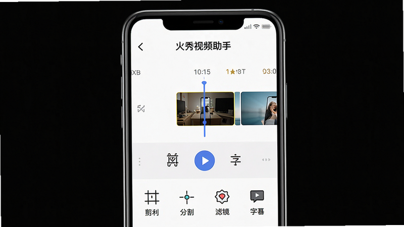 主体为一部智能手机屏幕展示“火秀视频助手”主界面,布局居中,顶部显示软件名称“火秀视频助手”,中部为视频时间线轨道和剪辑按钮,风格简洁扁平,背景纯白,细节包括多个功能图标(裁剪、分割、滤镜、字幕),画质高清,整体干净无多余元素。