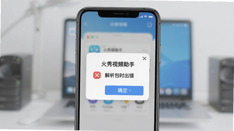 主体为手机屏幕显示“火秀视频助手”报错提示框,内容为“解析包时出错”,背景模糊,布局居中,风格拟物,细节有错误图标和“确定”按钮,画质清晰,背景干净无多余元素。