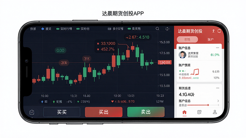 主体:达晨期货创投APP界面,布局:手机屏幕展示实时行情K线图、买入卖出按钮、账户信息,排版:居中构图,风格:科技感、现代、扁平化设计,细节:K线红绿柱、数字跳动,画质:高清、干净、无多余元素。图片文字: