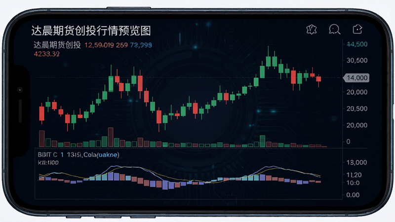 主体:手机屏幕显示期货K线图,布局:上方价格数字,下方K线技术指标,排版:清晰有序,风格:科技感深色背景,细节:红绿色蜡烛图,成交量柱,画质:高清,无多余元素。文字: