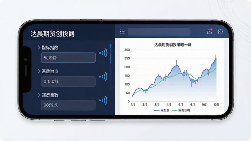 主体:手机屏幕展示技术指标设置,布局:左侧指标列表,右侧图表,排版:分栏设计,风格:简洁专业,细节:指标参数输入框,信号图标,画质:高清,干净。文字: