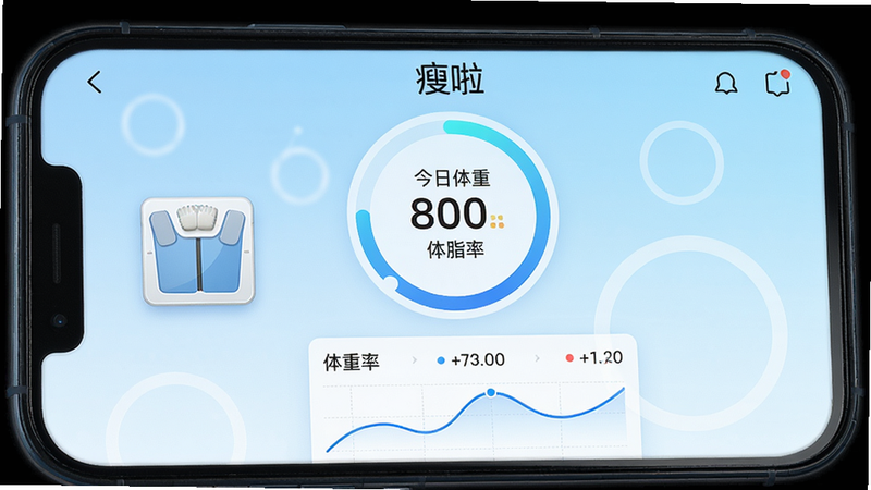 ����Ϊһ�������ֻ���Ļ����ʾ��������App�����棬����������һ��Բ�ν��Ȼ���ʾ��֬�ʣ��·�����������ͼ���������֬��ͼ�꣬������ǳ��ɫ���䣬���岼�־��жԳƣ�������¼�Լ��ϸ�ڰ������������ء�����֬�ʡ������֣����ʳ����壬�ɾ��޶���Ԫ��