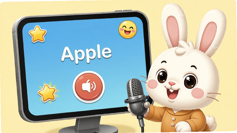 兔宝宝学英语发音跟读界面,兔宝宝对着麦克风,屏幕上显示“Apple”字样及录音按钮,有星星奖励图标和笑脸表情,背景温馨淡黄色,画质细腻,干净无多余元素。