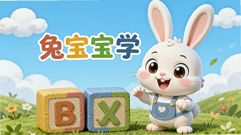 一个活泼可爱的卡通兔宝宝站在彩色字母块旁边,背景是明亮的蓝天白云和草地,画面中央有文字“兔宝宝学英语”,整体风格清新卡通,色彩鲜艳,细节丰富,画质高清,干净无多余元素。