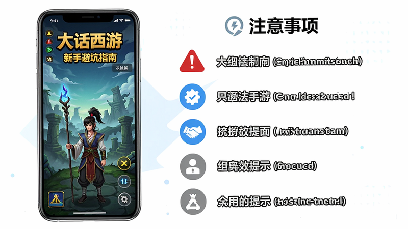 主体:大话西游手游新手避坑指南示意图,布局:左侧手机屏幕显示游戏界面,右侧列出注意事项文字,排版:图文并茂,风格:简约信息图,细节:红色警告图标,蓝色优化图标,灰色提示图标,画质:高清,干净无多余元素