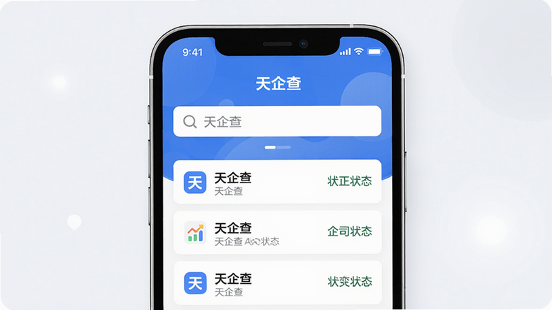 主体:天企查APP主界面,布局:居中展示搜索框和企业列表,排版:清晰有序,风格:现代简约,细节:搜索框有
