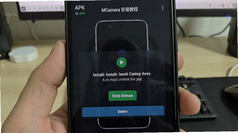MCamera 安装教程界面,展示APK安装步骤,手机屏幕显示安装提示,风格简洁,写实