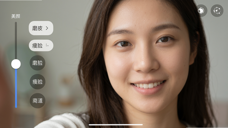 MCamera AI美颜功能演示,人物自拍界面,左侧有美颜强度滑块,磨皮、瘦脸等选项,画面柔和,皮肤质感自然,风格清新,高清画质