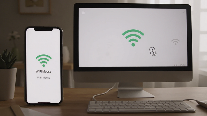 一张手机和电脑同时显示WiFi Mouse连接成功的界面,手机屏幕亮起,电脑屏幕上有鼠标光标移动,场景为家庭办公桌,光线柔和,风格真实,画质清晰,文字'WiFi Mouse'出现在两个设备屏幕上。