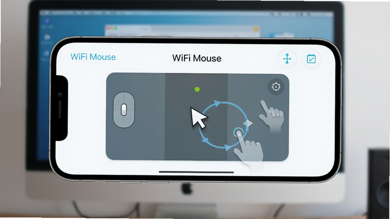 一张高清智能手机截图,显示WiFi Mouse应用主界面,手机横屏模式,背景是模糊的电脑显示器,屏幕上显示触控板界面,有虚拟鼠标指针和手势轨迹,界面风格简约现代,配色清新,文字'WiFi Mouse'清晰可见,画质干净无多余元素。