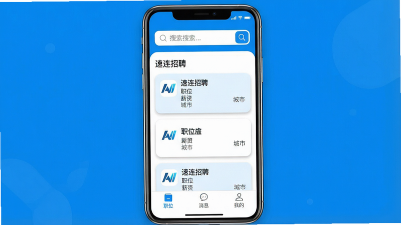 主体:速连招聘APP界面展示,布局:手机屏幕居中显示,界面包含顶部搜索栏、中间职位列表卡片、底部导航栏,排版:卡片式布局,每张卡片显示公司logo、职位名称、薪资、城市,风格:扁平化设计,色彩明亮以蓝色为主色调,细节:卡片边缘圆角,有阴影效果,搜索栏有放大镜图标,底部导航栏有“职位”、“消息”、“我的”三个标签,画质:高清,干净,无多余元素,文字内容:“速连招聘”,画质+干净+无多余元素