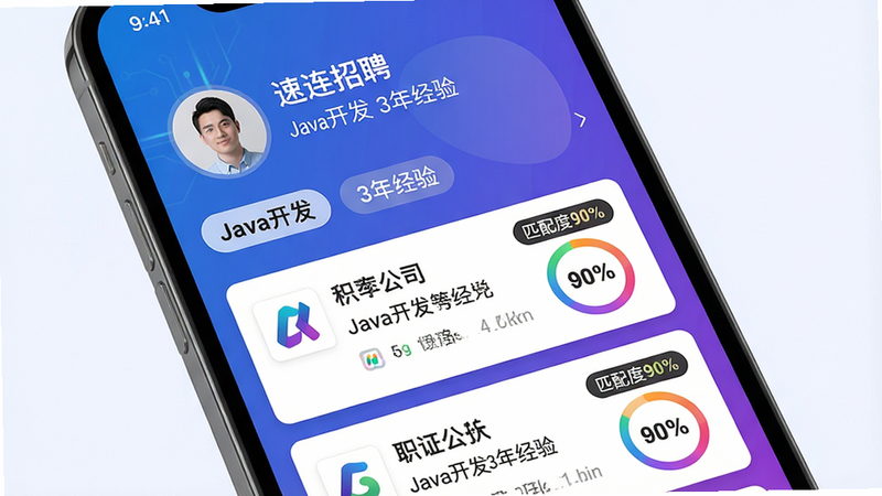 主体:速连招聘智能匹配功能截图,布局:手机屏幕上部显示用户画像(如“Java开发 3年经验”),下方展示推荐职位列表,每个职位卡片带有“匹配度90%”标签,排版:自上而下,先显示个人标签,再是卡片列表,风格:科技感,蓝紫色渐变背景,细节:匹配度标签用彩色圆环表示,卡片上有公司logo和职位信息,画质:高清,干净,无多余元素,文字:“速连招聘”