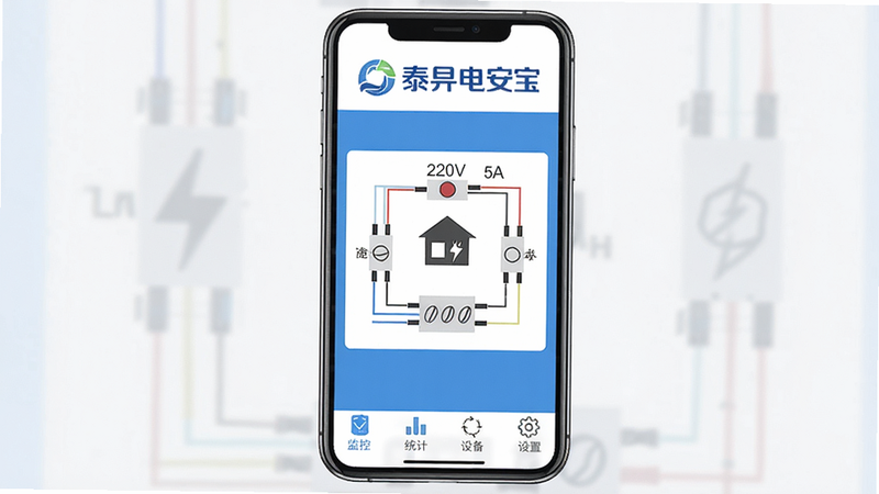 一张智能手机屏幕截图,主界面显示泰电安宝LOGO位于顶部,中间为家庭电路模拟图,标注实时电压220V、电流5A,底部四个导航标签:监控、统计、设备、设置。采用蓝白配色,扁平化设计,画质高清,干净无多余元素。