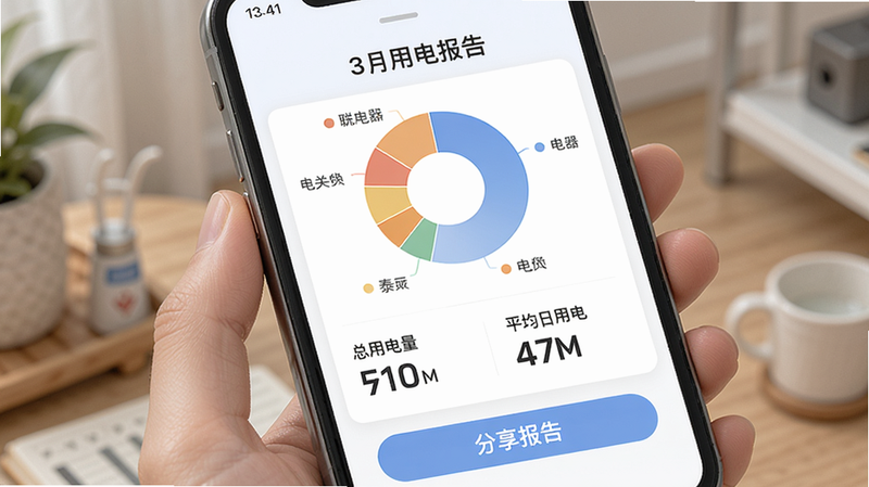 手机屏幕显示泰电安宝的月度用电报告页面,顶部为“3月用电报告”标题,中间为饼图显示各电器用电比例,下方有总用电量、平均日用电等数据,底部有“分享报告”按钮,配色柔和,设计简洁,画质高清。