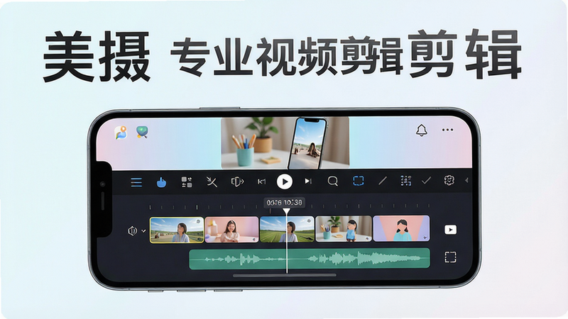 主体:一部智能手机屏幕展示美摄应用主界面;布局:居中构图,手机横屏或竖屏显示;排版:界面中包含视频编辑时间轴、工具栏、预览窗口,各元素层次分明;风格:清新现代,UI美观配色柔和;细节:图标清晰可见,时间轴上有视频片段和音频波形;画质:高清渲染,干净无多余元素,图片上可加文字“美摄 专业视频剪辑”