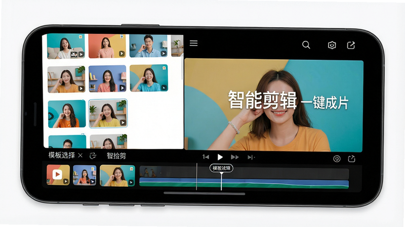 主体:手机屏幕上的美摄智能剪辑界面;布局:屏幕左侧显示素材库,右侧为自动生成的成品预览;排版:模板选择菜单在底部,当前选中一个模板;风格:扁平化设计,色彩明亮;细节:时间轴上自动添加了转场标记,播放按钮高亮;画质:高清无噪点,干净背景,图片上可加文字“智能剪辑 一键成片”