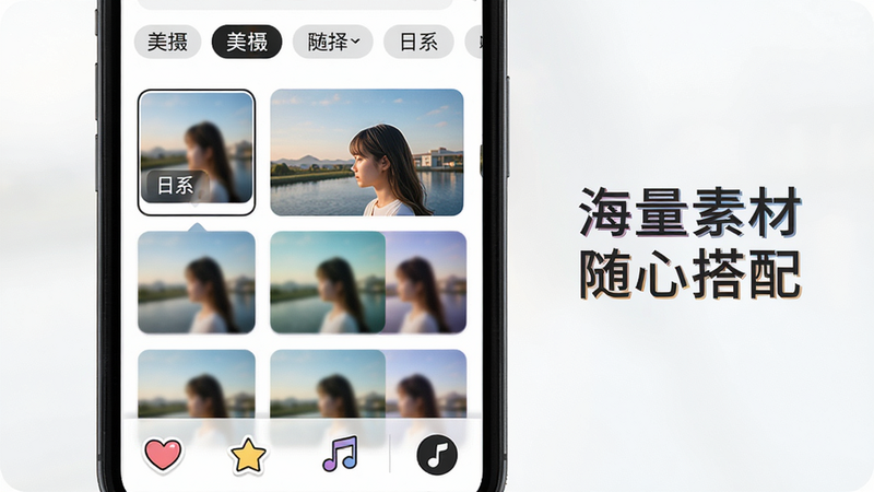 主体:手机上美摄的素材选择面板;布局:网格布局展示各类滤镜缩略图,顶部有分类标签;排版:当前选中一个“日系”滤镜,预览窗口实时显示效果;风格:清新简约,滤镜色彩丰富;细节:贴纸和音乐图标位于底部菜单;画质:高分辨率,干净无多余元素,图片上可加文字“海量素材 随心搭配”