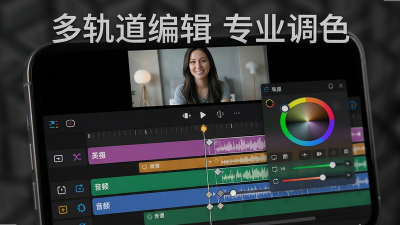 主体:手机屏幕上的美摄多轨道编辑界面;布局:上下结构,上方是预览窗口,下方是多个彩色轨道;排版:每个轨道有标识名称,当前正在调整音频轨道音量;风格:专业稳重,轨道颜色区分;细节:时间轴上有关键帧菱形标记,调色面板半透明弹出;画质:高清细腻,无多余元素,图片上可加文字“多轨道编辑 专业调色”