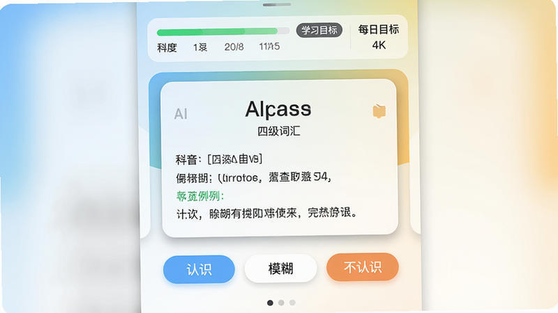 ���壺չʾ��AI������-�ļ��ʻ㡱Ӧ�������棬���֣�������ʾ���ʿ�Ƭ����Ƭ���е��ʡ����ꡢ��������䣬�·��С���ʶ����ģ����������ʶ��������ť��������ѧϰ��������ÿ��Ŀ�ꡣ�Ű棺��Ƭ���У���ťˮƽ���У���������������񣺱�ƽ��������ɫ����������App���ϸ�ڣ����ʿ�Ƭ��Բ����Ӱ������Ϊ����ɫ����������ʾ���֡����ʣ�4K���壬�ɾ��޶���Ԫ�ء�