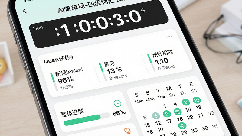 ���壺չʾ��AI������-�ļ��ʻ㡱��ѧϰ�ƻ����棬���֣�������ʾ����ʱ�������м��ǽ�������Ƭ�������´�������ϰ����Ԥ����ʱ���·���������������������Ű棺ģ�黯��Ƭ��ơ�������¡��滮�С�ϸ�ڣ����������ٷֱȣ������ϱ����������ڡ����ʣ����壬�޶���Ԫ�ء�